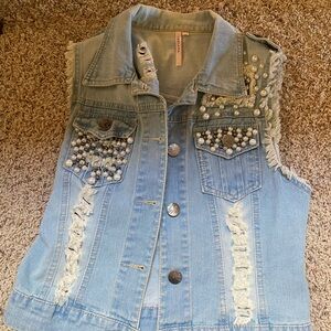 Embellished Denim Vest with Pearls and Studs